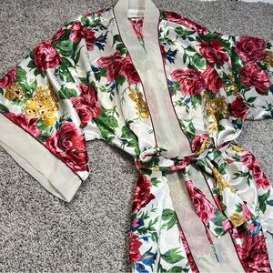 Vintage Cacique Satin Floral Robe with Chiffon Trim Kimono Sleeves Size L
